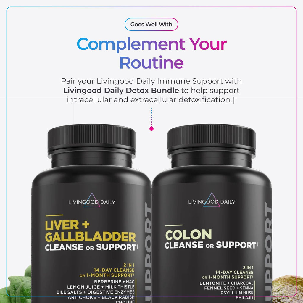 Livingood Daily Immune Support Supplement, 4-in-1 Formula with Oregano Oil, Monolaurin, L Lysine & Quercetin, Gut & Digestive Health, Gluten Free, Vegan, Non GMO, Allergen Free, 120 Capsules