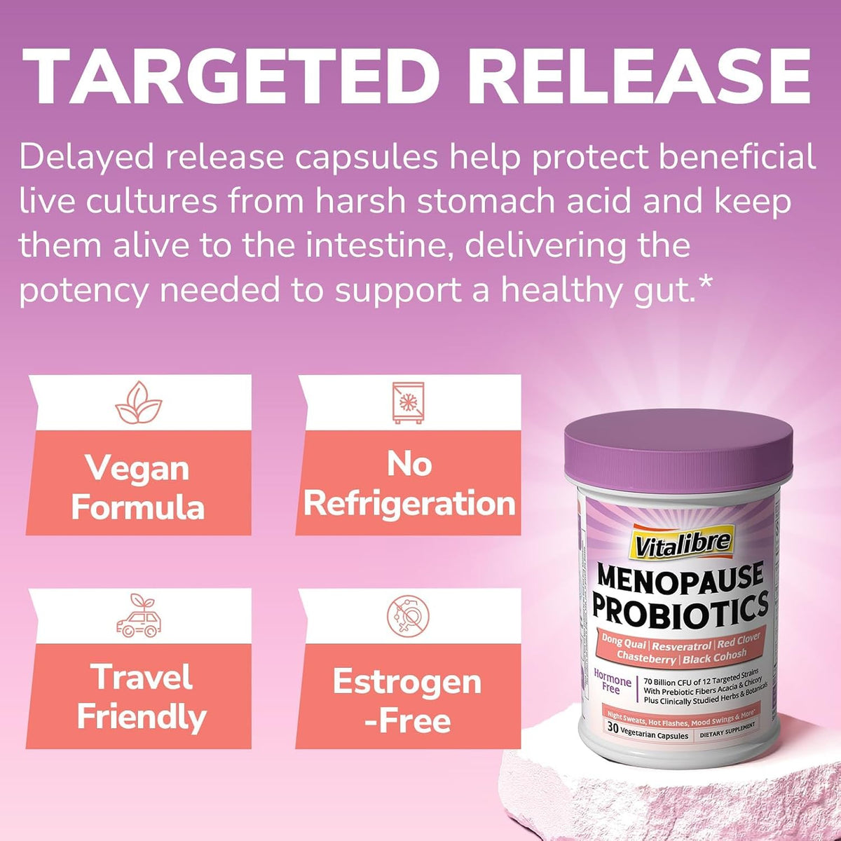 Vitalibre Menopause Probiotics for Women 70 Billion CFU, 12 Targeted Strains, Organic Prebiotics, Black Cohosh Resveratrol Red Clover Chasteberry Dong Quai, Hot Flash Night Sweat+, No Estrogen, 30 Ct
