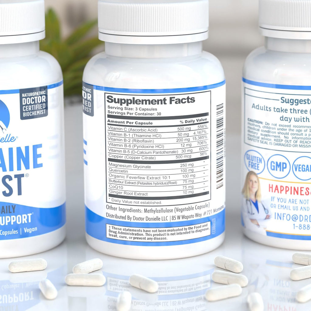Best Migraine Relief Product with Magnesium - Migraine Assist Supplement with Quercetin, Feverfew, Butterbur, CoQ10 from Dr. Danielle, 90 Capsules