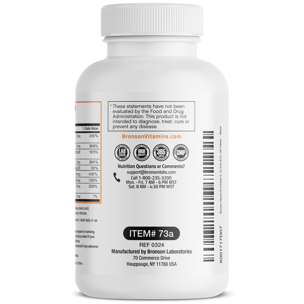 Bronson Super B Vitamin B Complex Sustained Release for Energy, 60 Tablets | B1, B2, B3, B6, Folic Acid, B12, Biotin & Pantothenic Acid, One-Tablet Formula, Non-GMO, Gluten-Free & Soy-Free