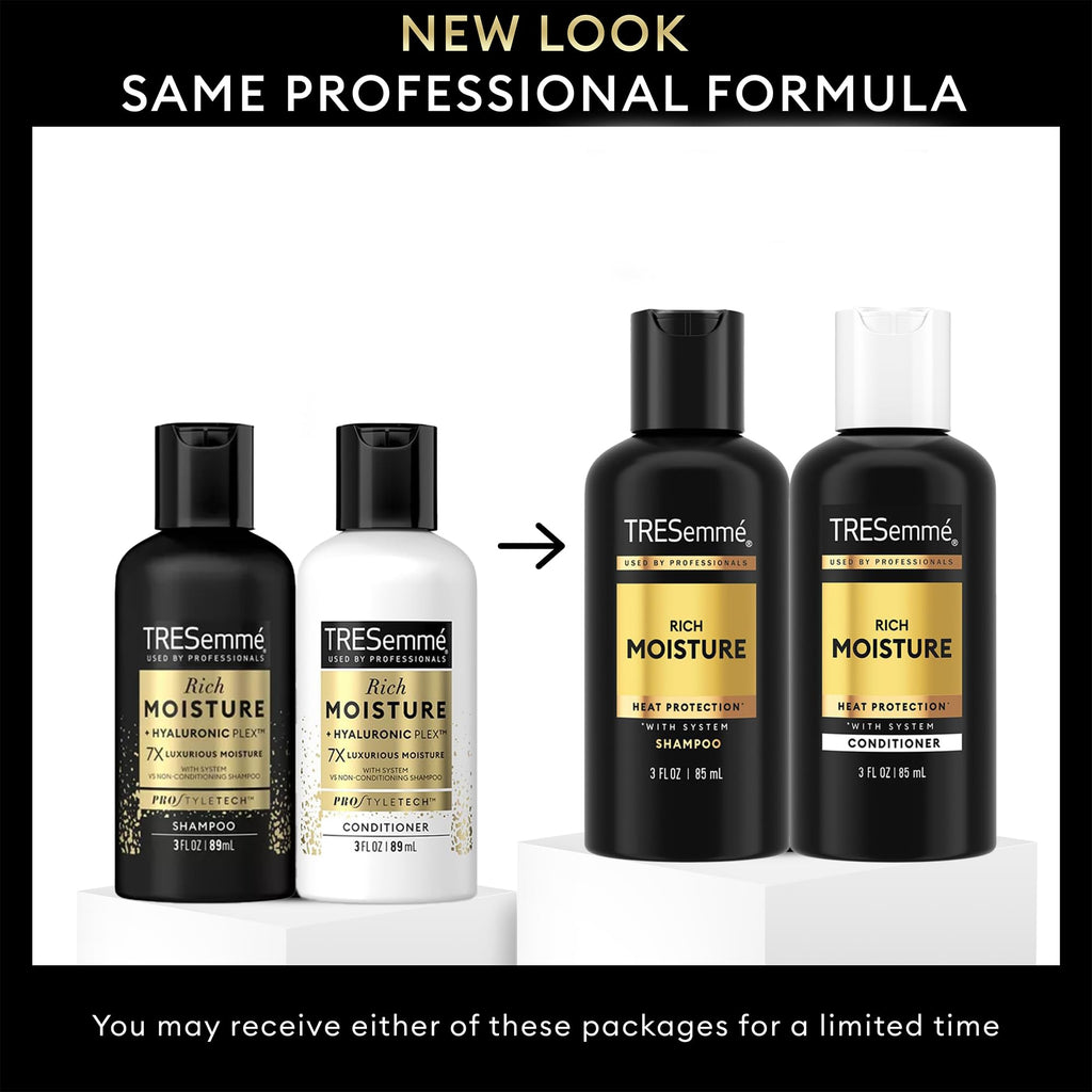 TRESemmé Rich Moisture Travel Shampoo & Conditioner, 3 Oz Ea | Moisturizing Travel Hair Care Set for Dry Hair | TSA-Friendly Sizes for Travel and Gym Bags