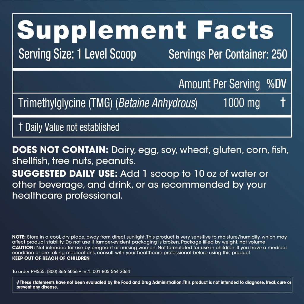 ProHealth TMG Amino Acid Blood Pressure (Trimethylglycine - Betaine Anhydrous Supplement) - Methylation Support 250 Grams Bulk Powder Longevity