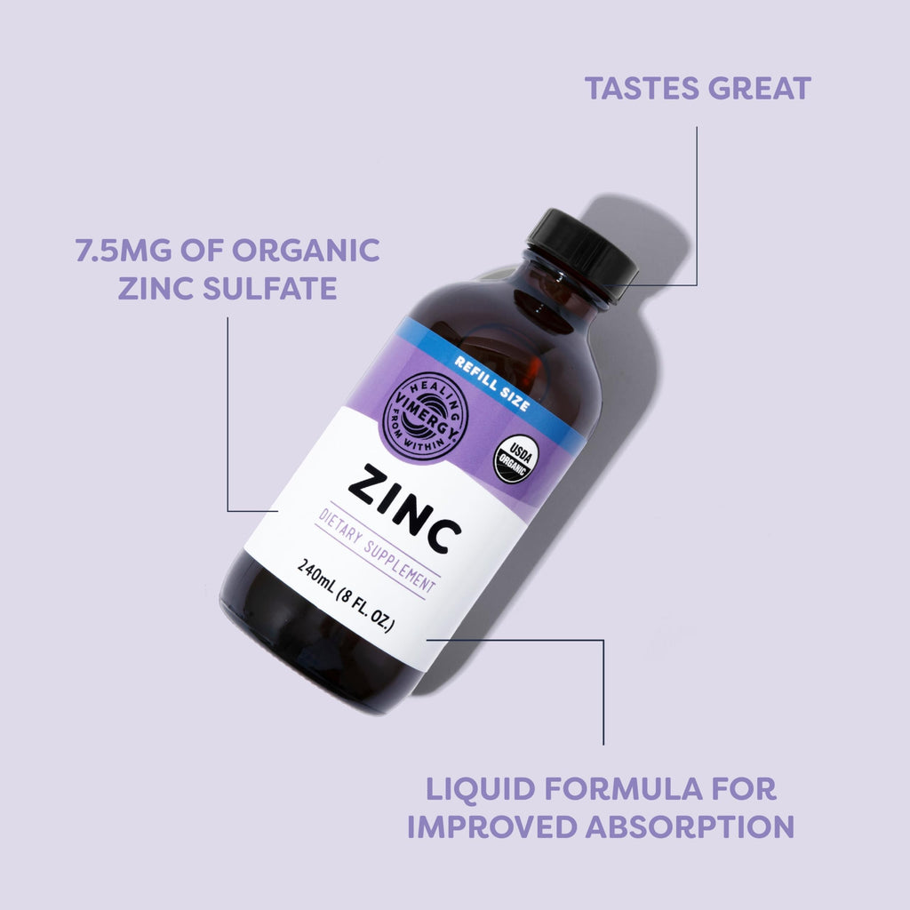VIMERGY USDA Organic Zinc Supplements for Women & Men (7.5mg Liquid Zinc Per Serving) Fast-Absorbing Immune Support, Promotes Healthy Bones & Skin, Vegan, Up to 57 Servings (115 mL)