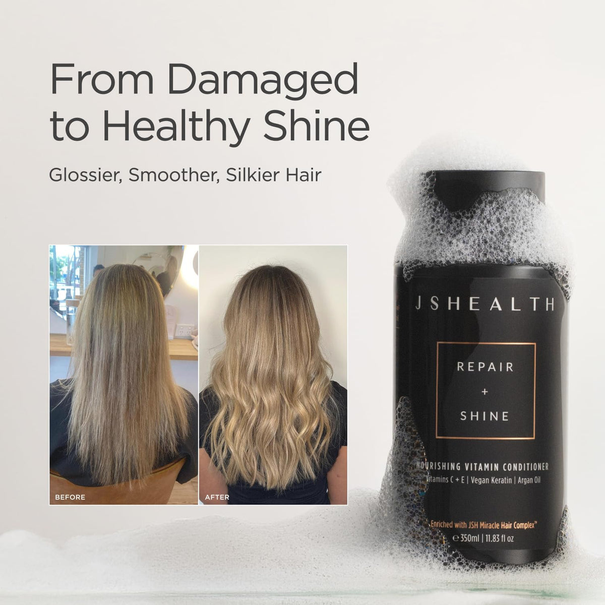 JSHealth Nourishing Conditioner - Vitamin-Enriched Deep Treatment for Dry, Colored Hair - With Keratin, Argan Oil, and Vitamins C & E | Sulfate-Free, Vegan, 350ml | Vegan Sulfate-Free Deep Conditioner for Dry, Color Treated Hair with Argan Oil, Vegan Kera