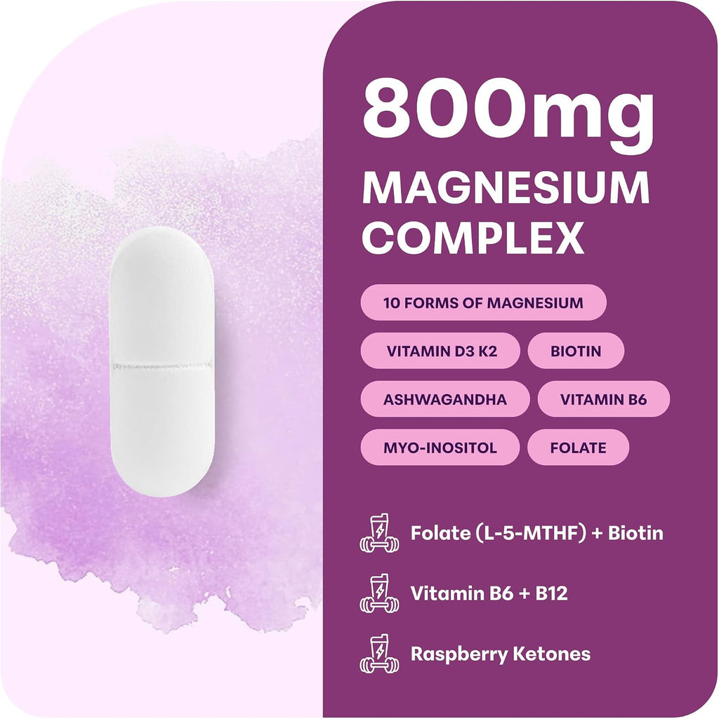 Micro Ingredients Magnesium Complex for Women, 240 Veggie Capsules | 20-in-1 with Glycinate, Citrate & More + D3, K2, Methylated B Complex, Biotin, Inositol & Ashwagandha. Filler Free, Non-GMO.