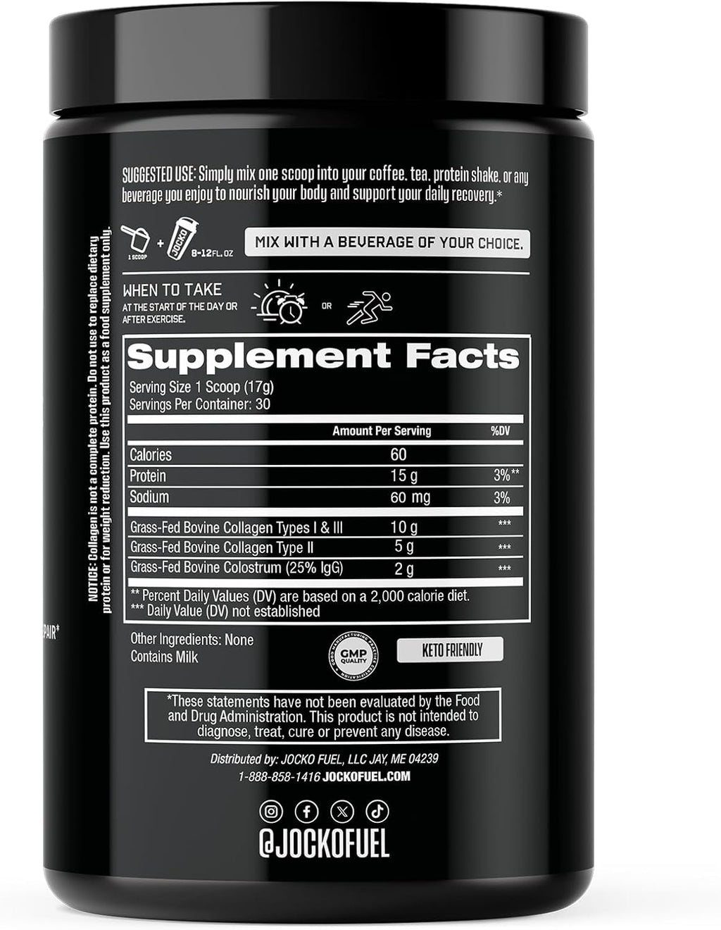 Jocko Fuel Collagen Powder with Colostrum – 15g Hydrolyzed Collagen + 2g First-Milking Colostrum – Dual Action for Gut Health, Joint Support, and Immune Defense – Recovery Supplement (30 Servings)