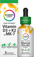 Rainbow Light Vitamin D3 + K2 as MK7 | 2 Fl Oz | 2,000IU Vitamin D | High Potency Formula | Vegetarian, Non-GMO, Gluten Free