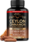 Ceylon Cinnamon Capsules - Extra Strength - Energy Heart & Metabolism Support for Men & Women - Pure Natural Cinnamon 20:1 Extract Supplement - GMO & Gluten Free - Lab Tested - 60 Capsules 2 Month