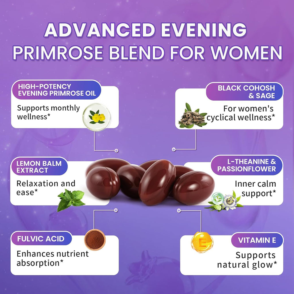 Evening Primrose Oil 1000mg - Hormone Balance for Women & Mood | Primrose Oil Capsules Cold-Pressed w/10% GLA, Essential Fatty Acids, L-Theanine for Mood, Skin & Immune, 90 Softgels