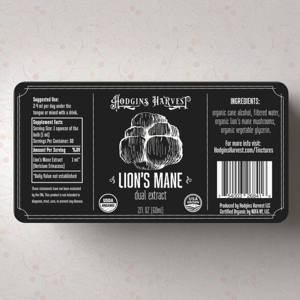 Hodgins Harvest Organic Lion's Mane Fruiting Body Extract Tincture - Mushroom Supplement for Brain Health and Mental Focus - Dual Extract Formula - Extra Concentrated - 4 fl oz Bottle