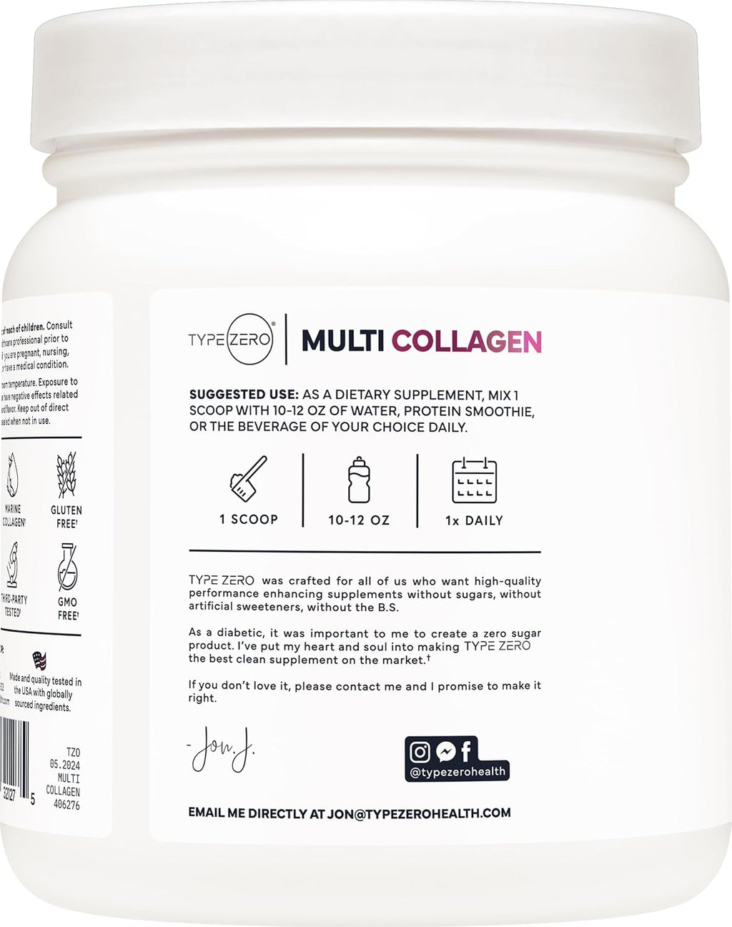 Type Zero Multi Collagen Powder 30 Servings (Unflavored) - Types I, II, III, V, & X Collagen Peptides + Hyaluronic Acid, VIT C, Biotin