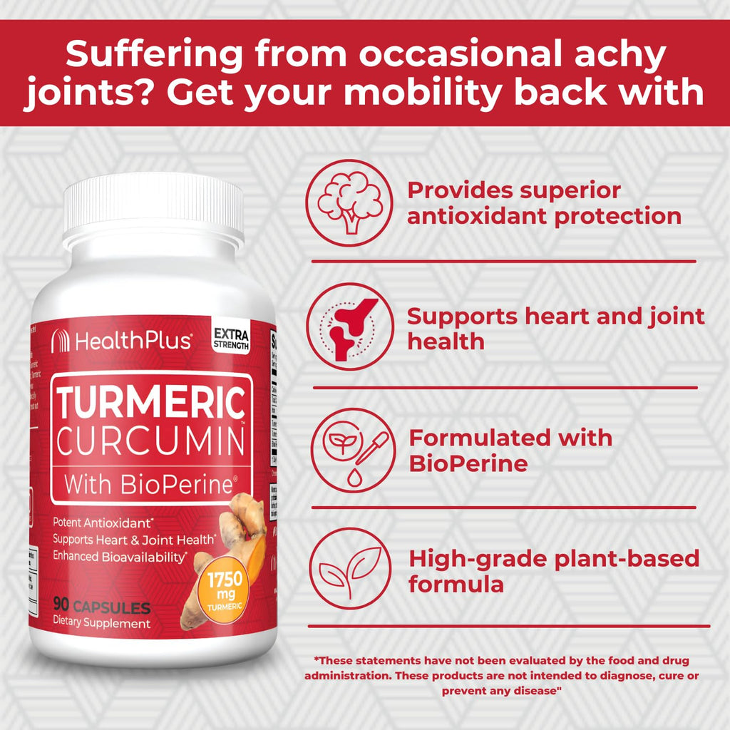 Health Plus Turmeric Curcumin with BioPerine, 90 Capsules, 30 Servings | 150mg Turmeric Extract 95% Curcuminoids with BioPerine, no preservatives; supports joint health and antioxidant protection