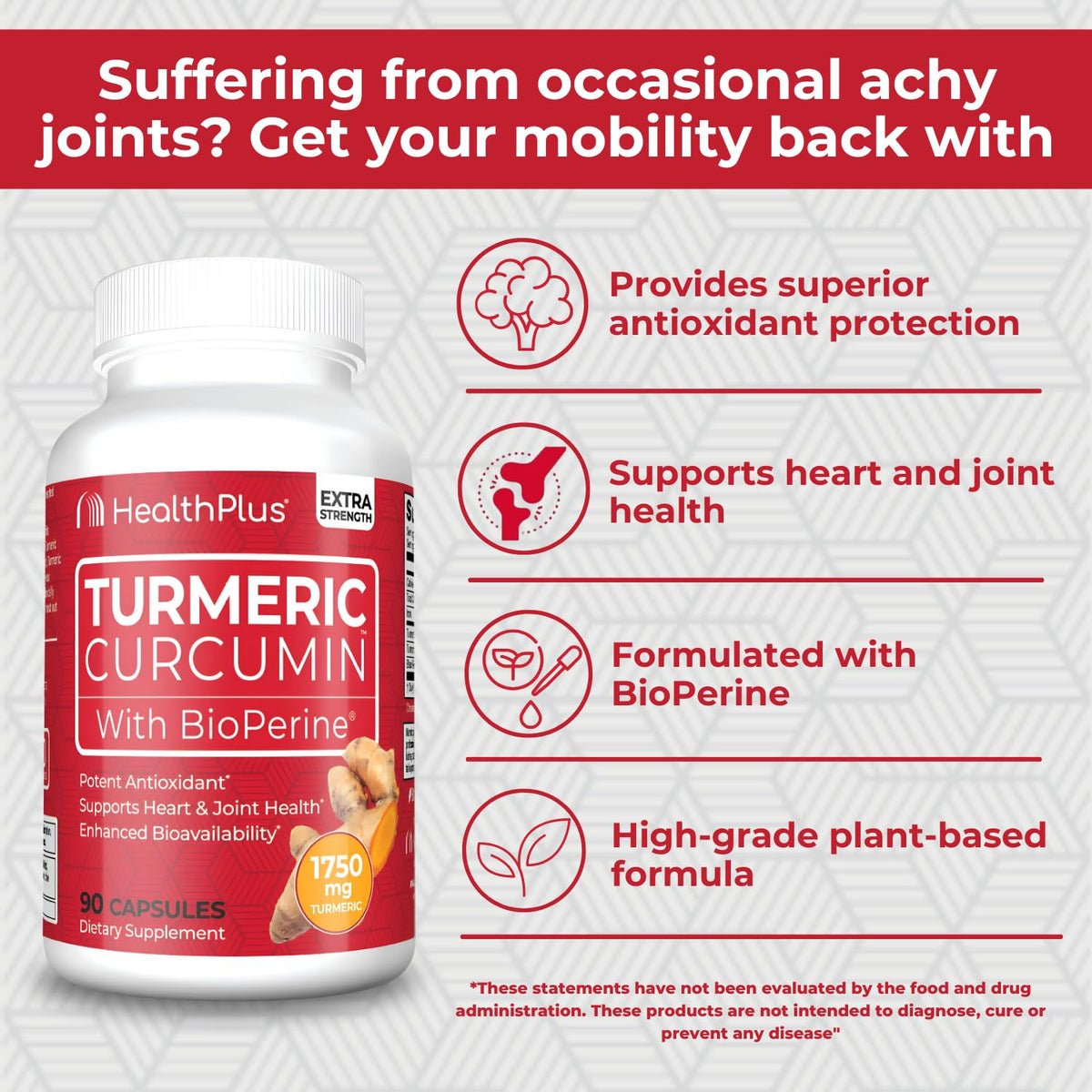 Health Plus Turmeric Curcumin with BioPerine, 90 Capsules, 30 Servings | 150mg Turmeric Extract 95% Curcuminoids with BioPerine, no preservatives; supports joint health and antioxidant protection