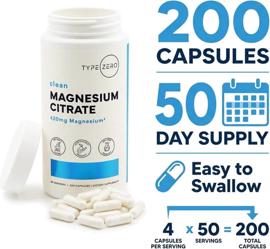 Type Zero Clean Magnesium Citrate (420mg) 200 Capsules, Gluten-Free | Pure Magnesium Citrate Supplement, GMO-Free, 50 Servings