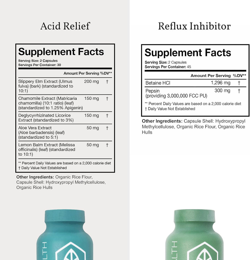 Terra Health Essentials Acid Balance & Digestive Support Bundle - Plant Based Acid Relief Supplement with Slippery Elm, DGL Licorice - Reflux Inhibitor Digestive Support with Pepsin, Betaine HCL
