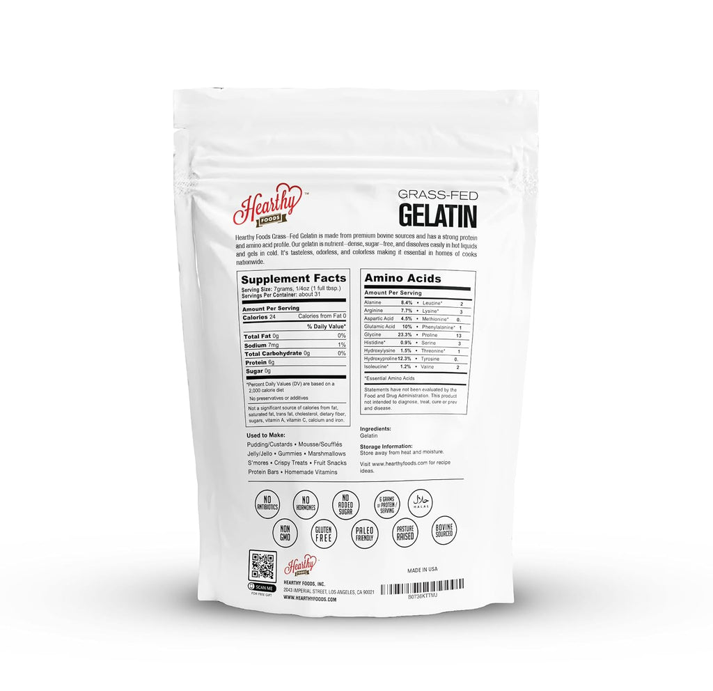 Hearthy Foods Beef Gelatin Powder Unflavored Gelatin Powder for Women and Men | Keto and Paleo Friendly Pure Protein Type 1 & 3, Grass-Fed Halal Certified, Non-GMO, Kosher Gelatin | 16 oz. 454g