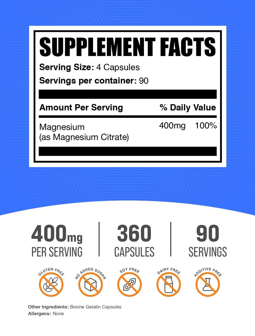 BulkSupplements.com Magnesium Citrate Capsules - Magnesium Supplement, Magnesium Citrate 400mg - Gluten Free, 4 Capsules per Serving, 360 Count (Pack of 1)