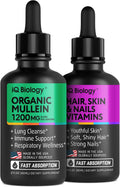 IQ BIOLOGY Organic Mullein + Liquid Hair, Skin & Nails Vitamins – 2-Pack Fast-Absorbing Drops | Respiratory Cleanse & Beauty Support | 2 fl oz Each