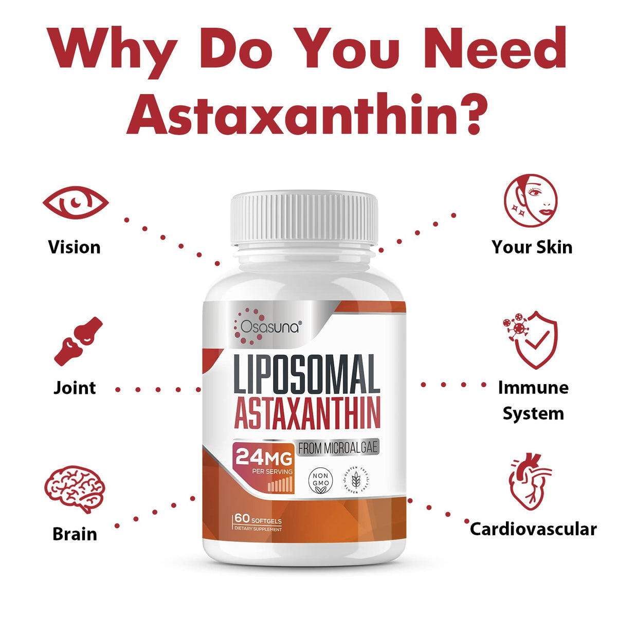 Liposomal Astaxanthin Supplement 24 MG, Maximum Absorption, Antioxidant Stronger Than VIT C, Non-GMO & Gluten Free - 60 Softgels(2 Months Supply)