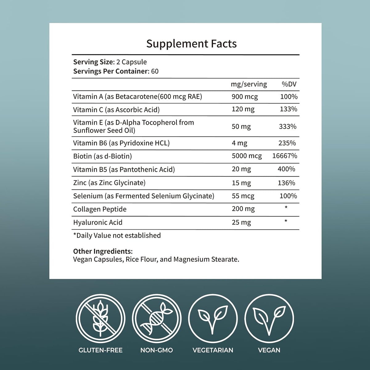 Women’s Hair Skin & Nails Vitamins Supplement,with Biotin,Collagen Peptides,Hyaluronic Acid,Vitamin A, C, E, B5,B6,Helps Maintain Skin Moisture and Suppleness,Support Hair Nails Health,120 Capsules