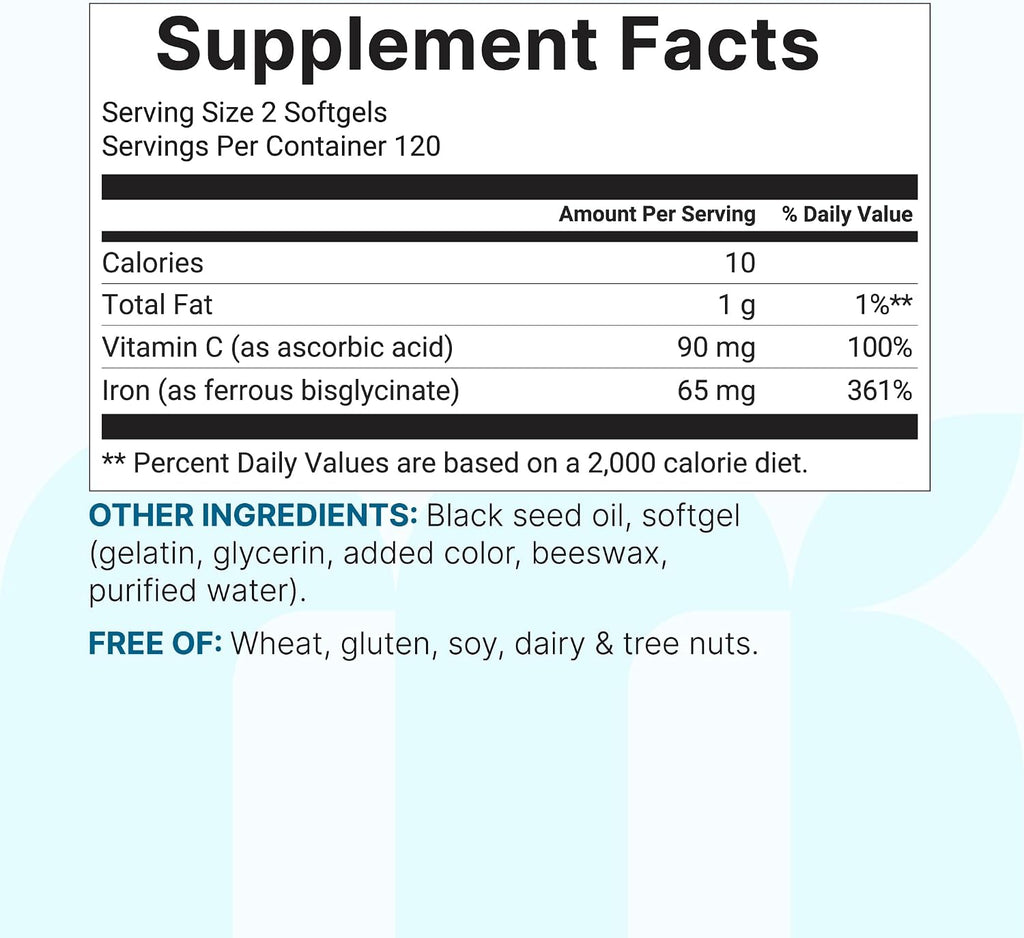 Micro Ingredients Ferrous Iron Bisglycinate 65 mg, 240 Softgels | Chelated Iron Supplement for Women & Men | Supports Red Blood Cell Production* | with Vitamin C & Black Seed Oil | Non-GMO