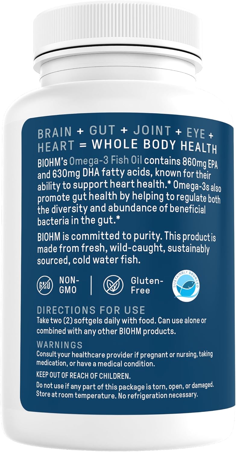 BIOHM Omega-3 Fish Oil 2500mg, 60 Softgels, High Potency 860mg EPA & 630mg DHA, Omega 3 Fatty Acid Supplements to Support Brain, Joint, Eye, Liver & Gut Health, Sustainably Sourced