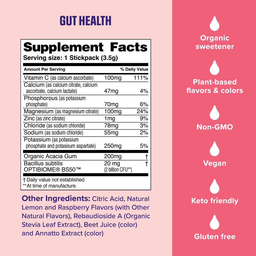 Ultima Replenisher Gut Health Supplement, Raspberry Lemonade, 14 Stickpacks | Daily Zero Sugar Electrolyte Powder Hydration Packets with 6 Key Electrolytes, Prebiotics & Probiotics for Gut Health Support