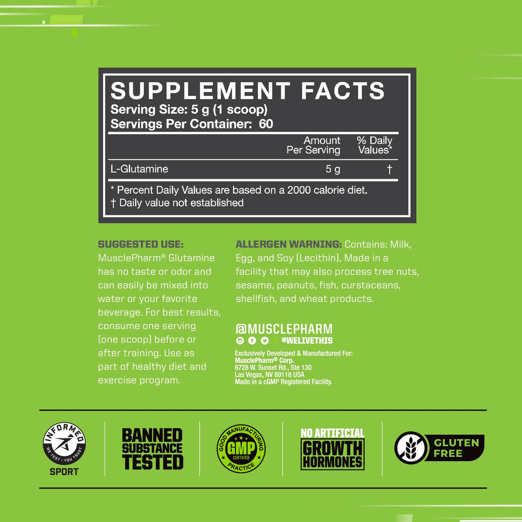 MusclePharm Glutamine, Pure L-Glutamine Powder Supplement for Post Workout Muscle Recovery, Energy & Gut Health, 5g L Glutamine Powder per Serving, Gluten-Free, Unflavored, 60 Servings