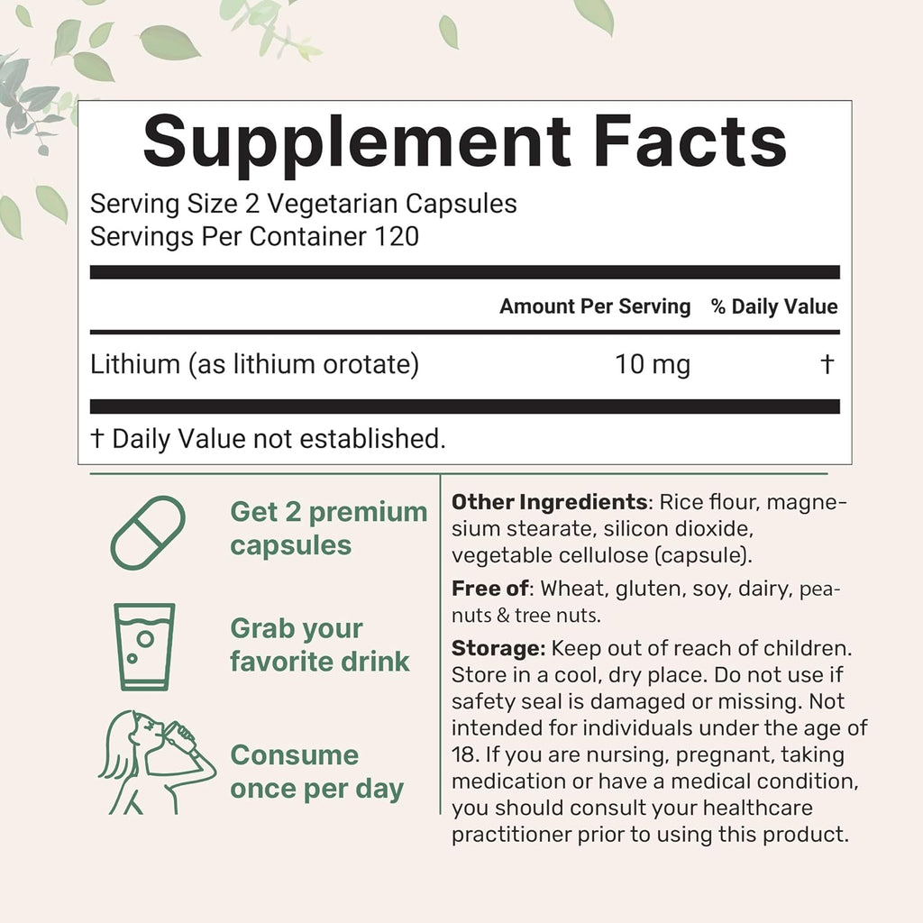 Lithium Orotate 10mg, 240 Veggie Capsules | 5mg Per Capsules | High Bioavailability Trace Mineral | Healthy Aging, Brain Supplement, & Mood Support | Non-GMO, Gluten Free
