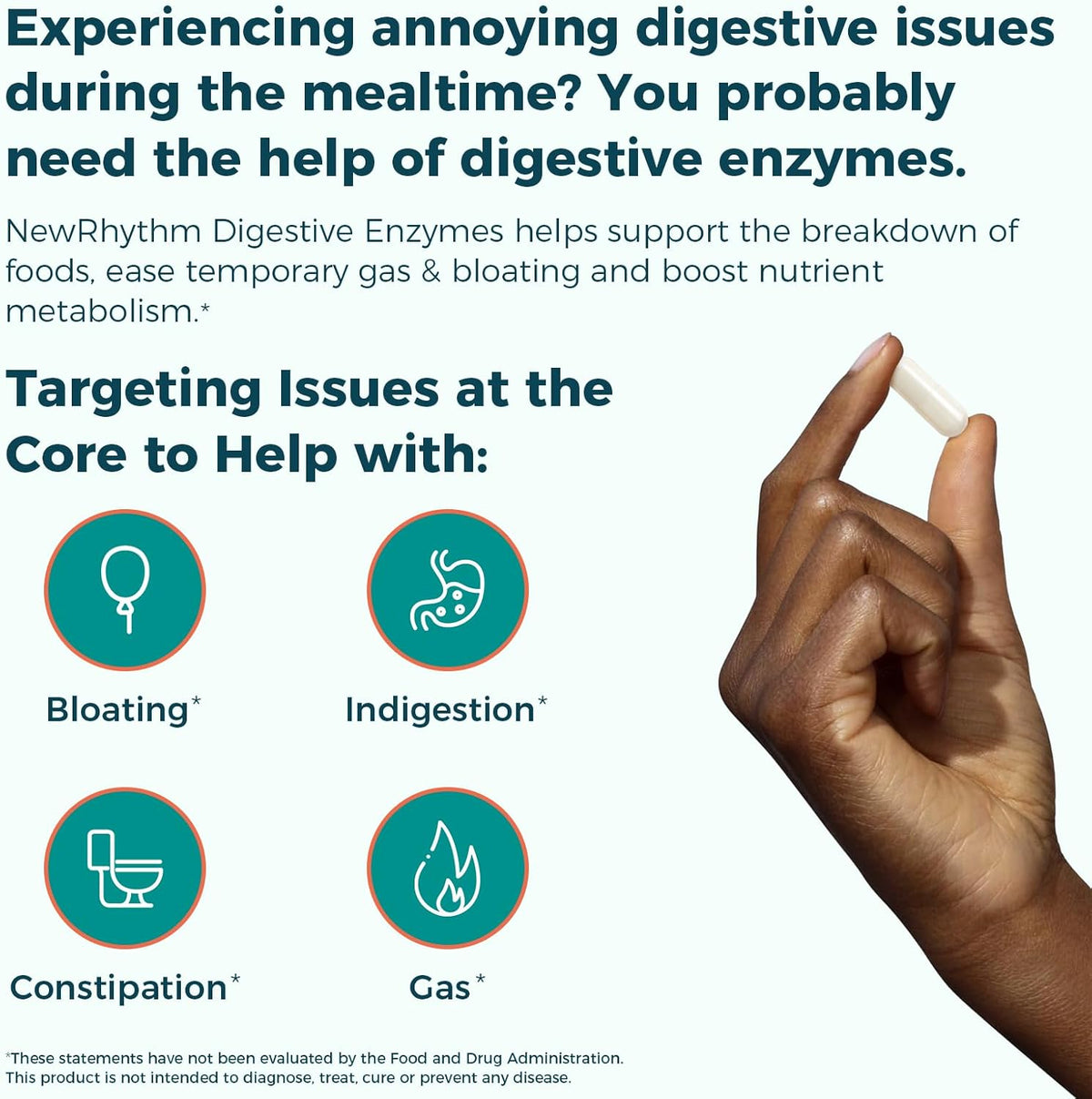 NewRhythm Digestive Enzymes 245 mg, with Probiotics and Prebiotics, Plant Based, 7 Key Enzymes, Digestion, Nutrient Absorption, Protease Amylase & Lipase, 60 Vegan Capsules