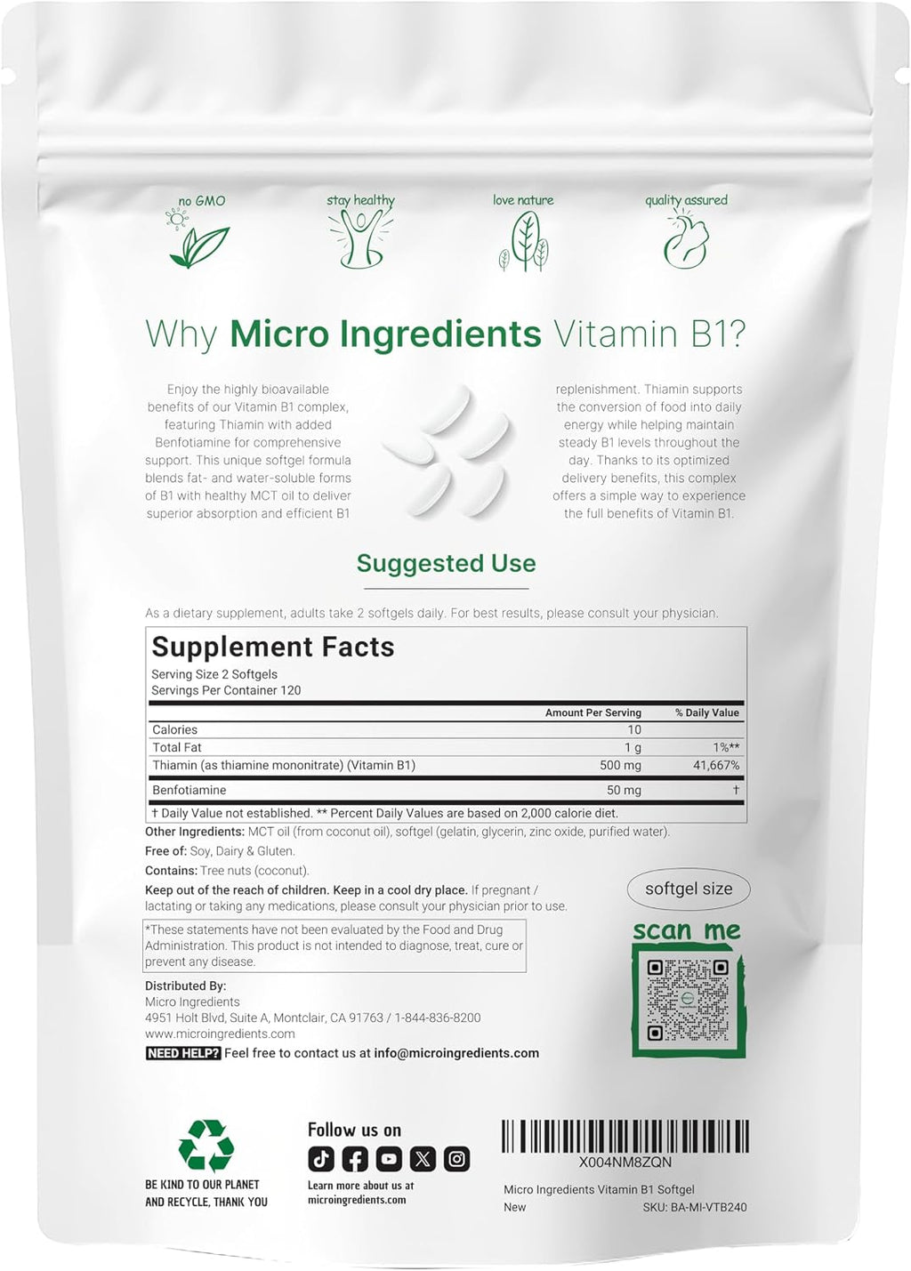 Micro Ingredients Vitamin B1 Thiamine 500mg with Benfotiamine & MCT Oil, 240 Softgels | Highly Bioavailable Thiamine Supplement for Energy & Nervous System Support* | Non-GMO, Soy Free
