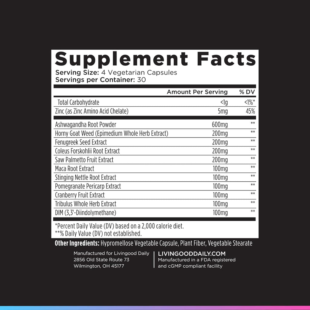 Livingood Daily Men's Hormone Support Supplement for Vitality & Balance, 14-in-1 Testosterone Booster for Men with Ashwagandha, Maca, DIM, Zinc, Saw Palmetto, Vitamin B12 & More, Vegan, 120 Capsules