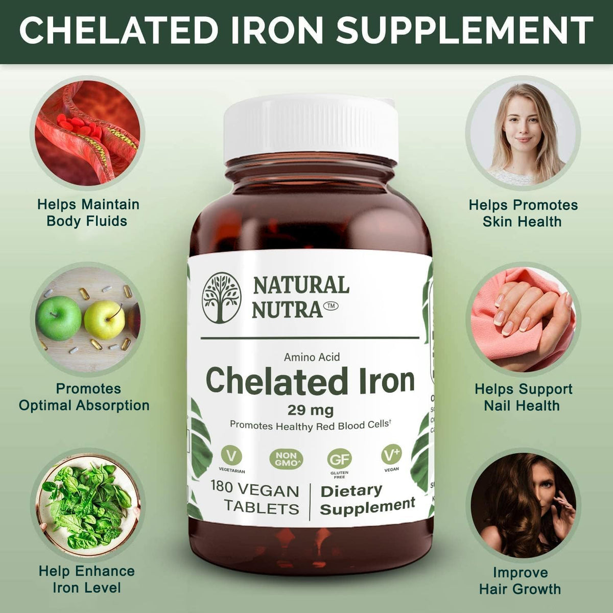 Natural Nutra Chelated Iron Supplement for Men & Women, Nails Health, Promotes Optimal Absorption, Helps Enhance Iron Level, Maintain Body Fulid, Help to Improves Hair Growth, Skin Health, 180 Tablets