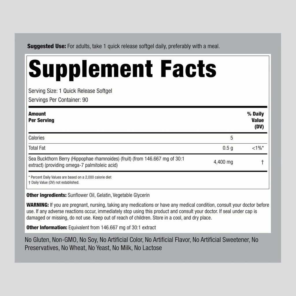 Piping Rock Sea Buckthorn Oil Capsules | 90 Softgels | Sea Buckthorn Berry Extract | With Omega-7 | Gluten Free, Non-GMO
