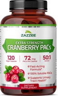 Zazzee Cranberry PACs 72 mg per Capsule, 50:1 Extract, 120 Vegan Capsules, 2X Strength, 4 Month Supply, Fast-Acting, Effective Urinary Tract & Bladder Support, 100% Soluble PACs, Made in the USA