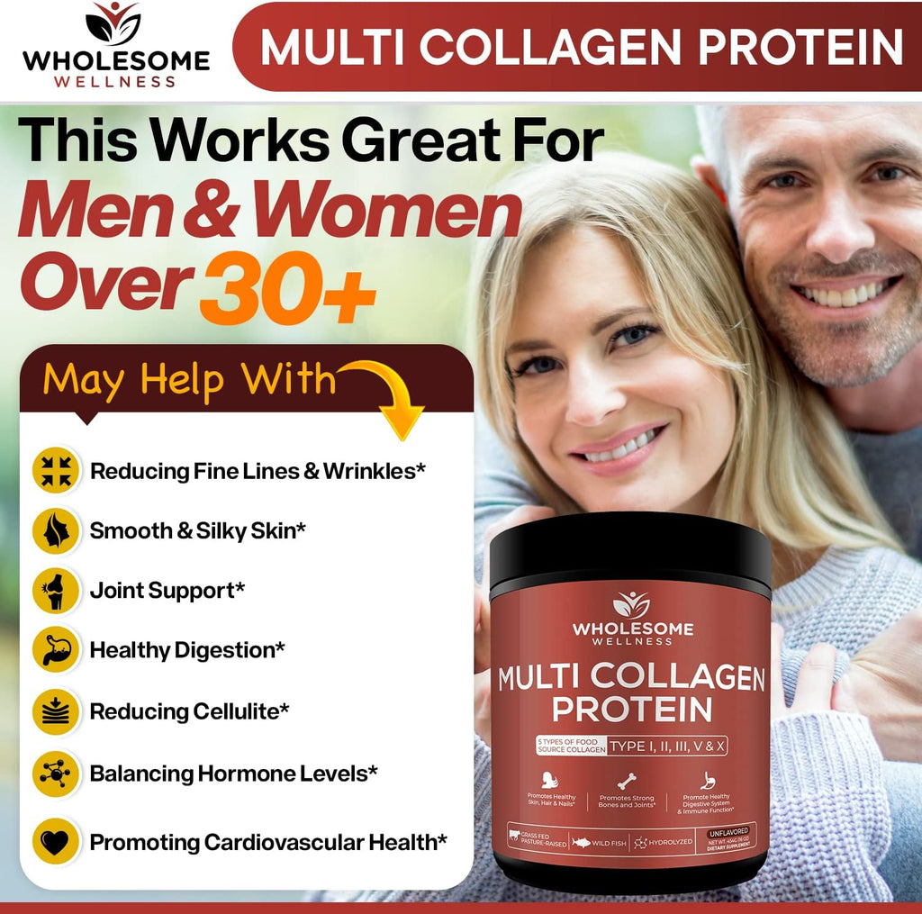Wholesome Wellness Multi Collagen Protein Powder Hydrolyzed (Type I II III V X) + Grass Fed Desiccated Beef Liver Capsules (180 Pills, 750mg Each) - Natural Iron, Vitamin A, B12 for Energy Bundle