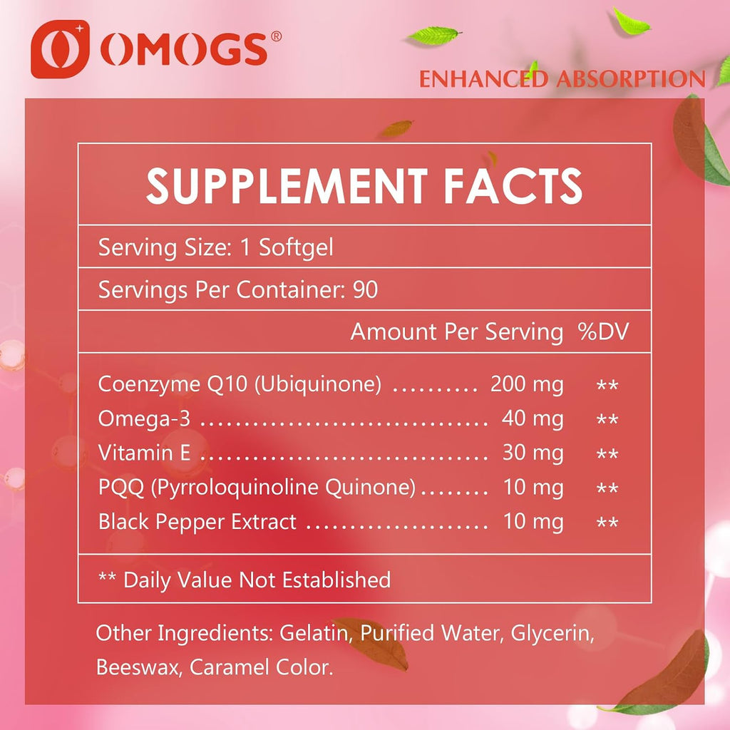 OMOGS CoQ10 200mg Softgels, Coenzyme Q10 High Absorption Supplements Support Heart Health, Cardiovascular Health, Immune System & Cellular Energy Production, Gluten Free, 90 Softgels