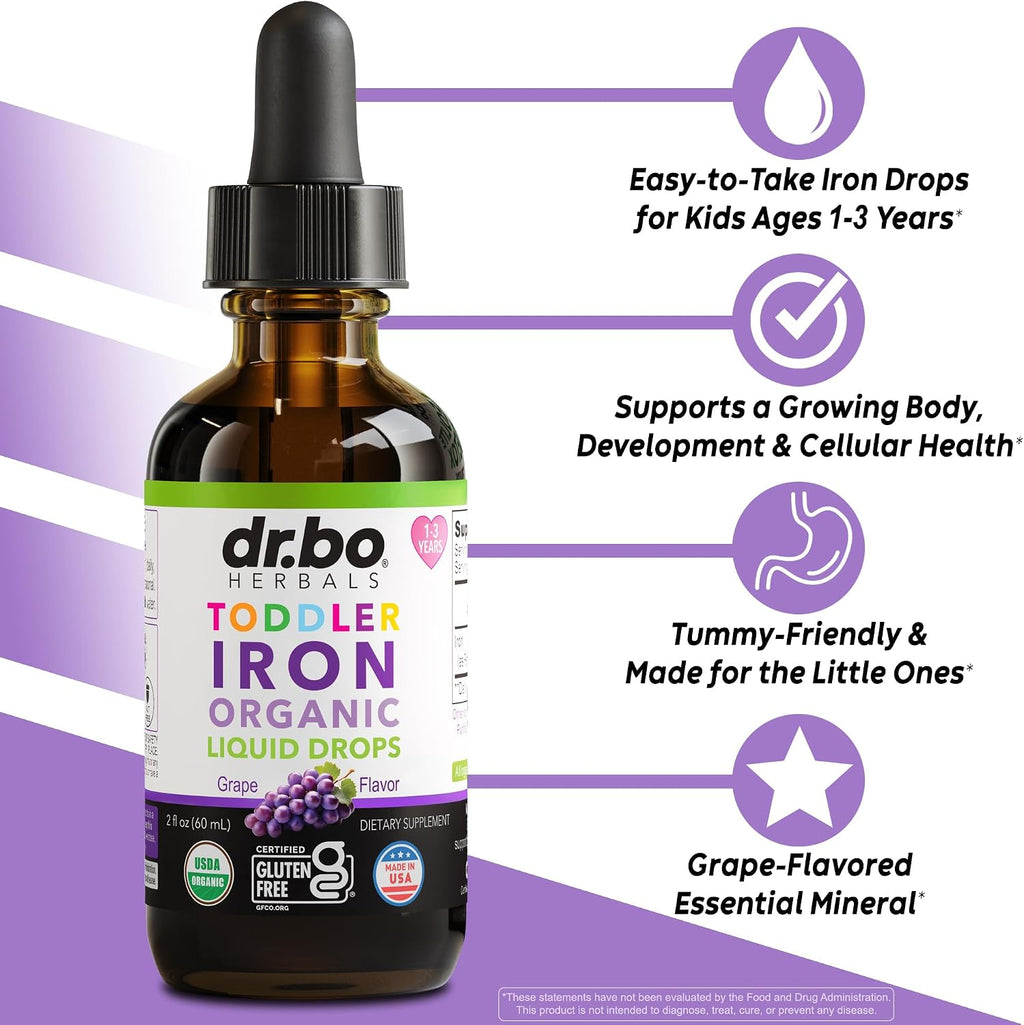 Iron Supplement for Toddlers & Kids - Organic Liquid Iron Drops for Kids, Toddler, Baby, Infant, Toddlers Supplements Ages 1-3 - Organic Vegan Toddler Liquid Drops Supplement, Gluten Free, Non-GMO 2oz