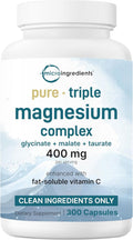 Micro Ingredients Pure Magnesium Complex, 300 Capsules | Triple Magnesium Glycinate, Malate, Taurate with Vitamin C | 100% Chelated | Supports Muscles, Nerves, & Energy | Only Active Ingredients