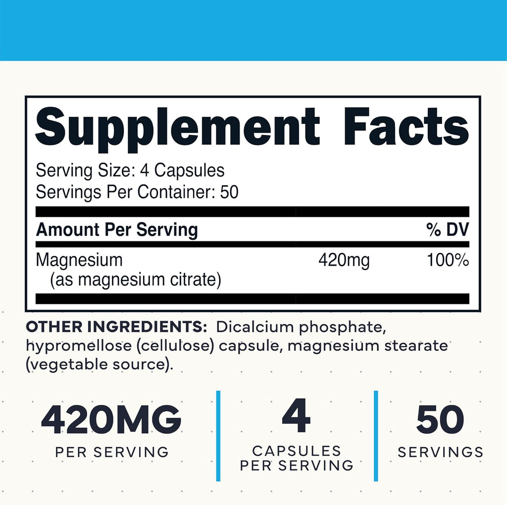 Type Zero Clean Magnesium Citrate (420mg) 200 Capsules, Gluten-Free | Pure Magnesium Citrate Supplement, GMO-Free, 50 Servings