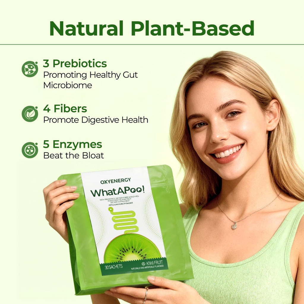OxyEnergy Psyllium Husk Powder Organic Fiber Powder Supplement for Women & Men, Gut Health Kiwi Powder Flavored Daily Soluble Bloating Relief & Digestive, Vegan, Gluten-Free, Non-GMO, 30 Packets