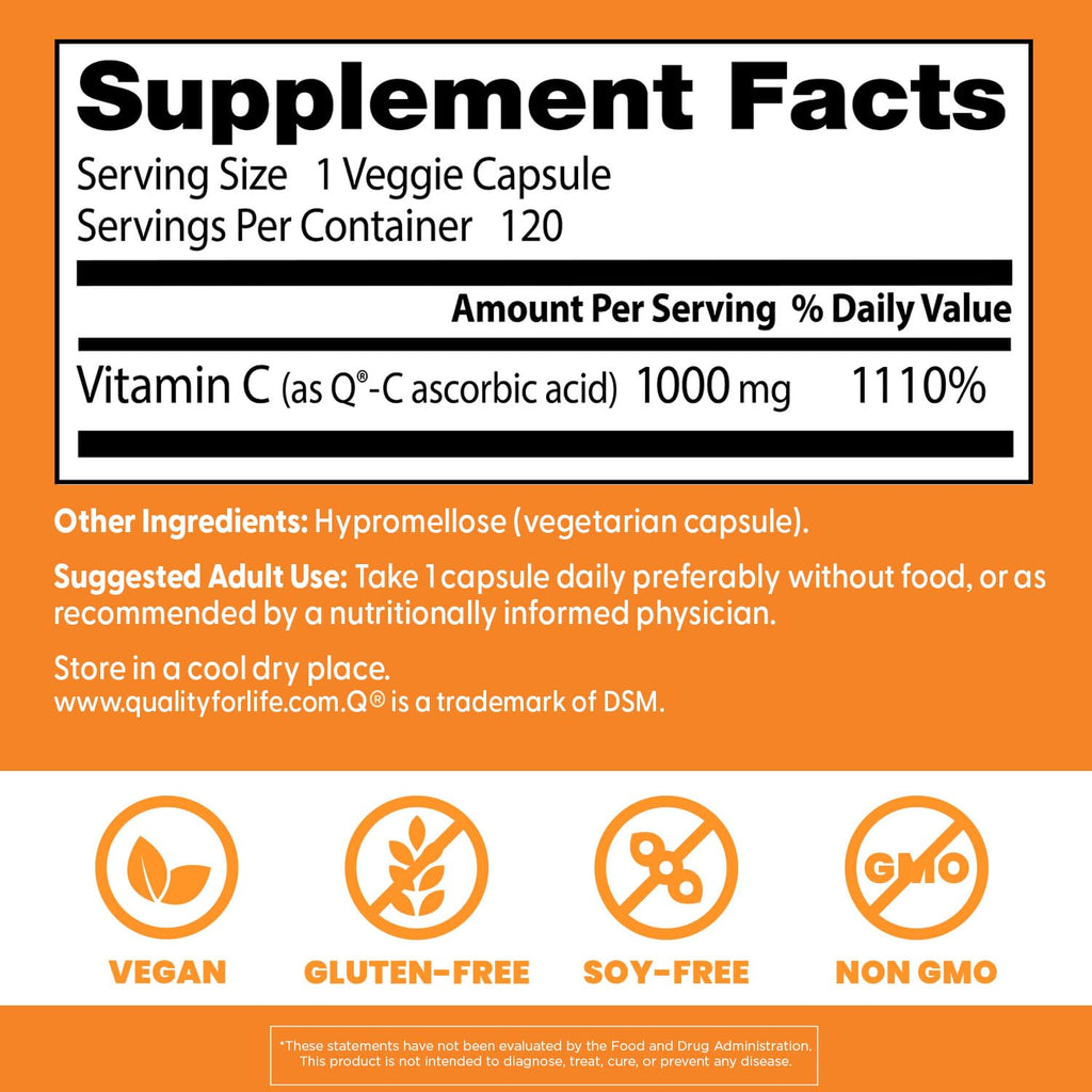 Doctor's Best Vitamin C 1000mg Supplement for Men & Women - Vegan Vitamin C Capsules as Q-C Ascorbic Acid, Immune Health Support for Adults, Non GMO, Gluten Free, Soy Free - 120 Veg Caps