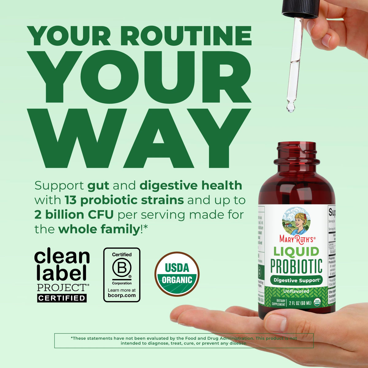 MARYRUTH'S Organics Liquid Probiotic for Ages 4+ | 2 Billion CFU | 13 Probiotic Strains | Gut Health & Digestive Support | Gas & Bloating Support | Vegan | Gluten Free | Travel-Friendly | 40 Servings