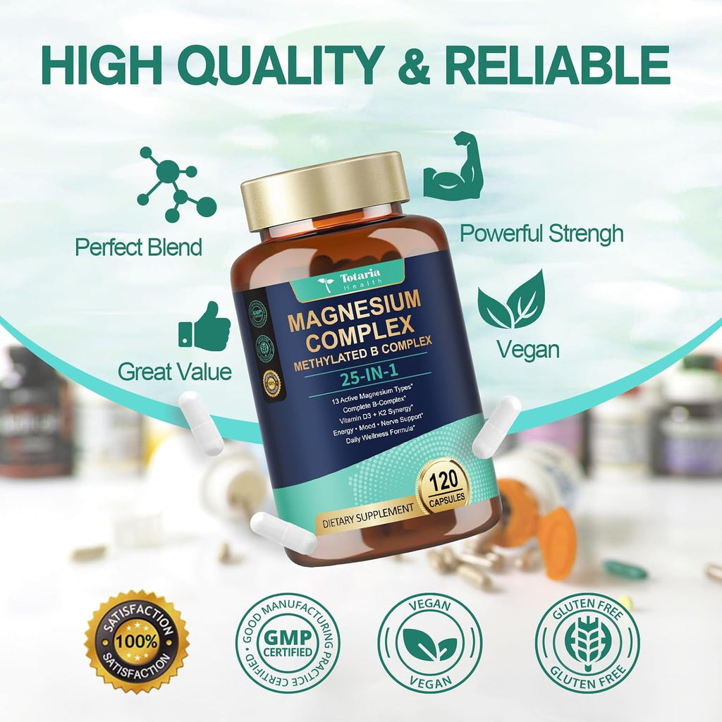 25-in-1 Magnesium Complex with Methylated B Complex Magnesium Glycinate Citrate Malate Taurate Gluconate Aspartate Carbonate D3 K2, Magnesium Supplement for Relaxation Energy & Nerve, 120 Vegan Caps