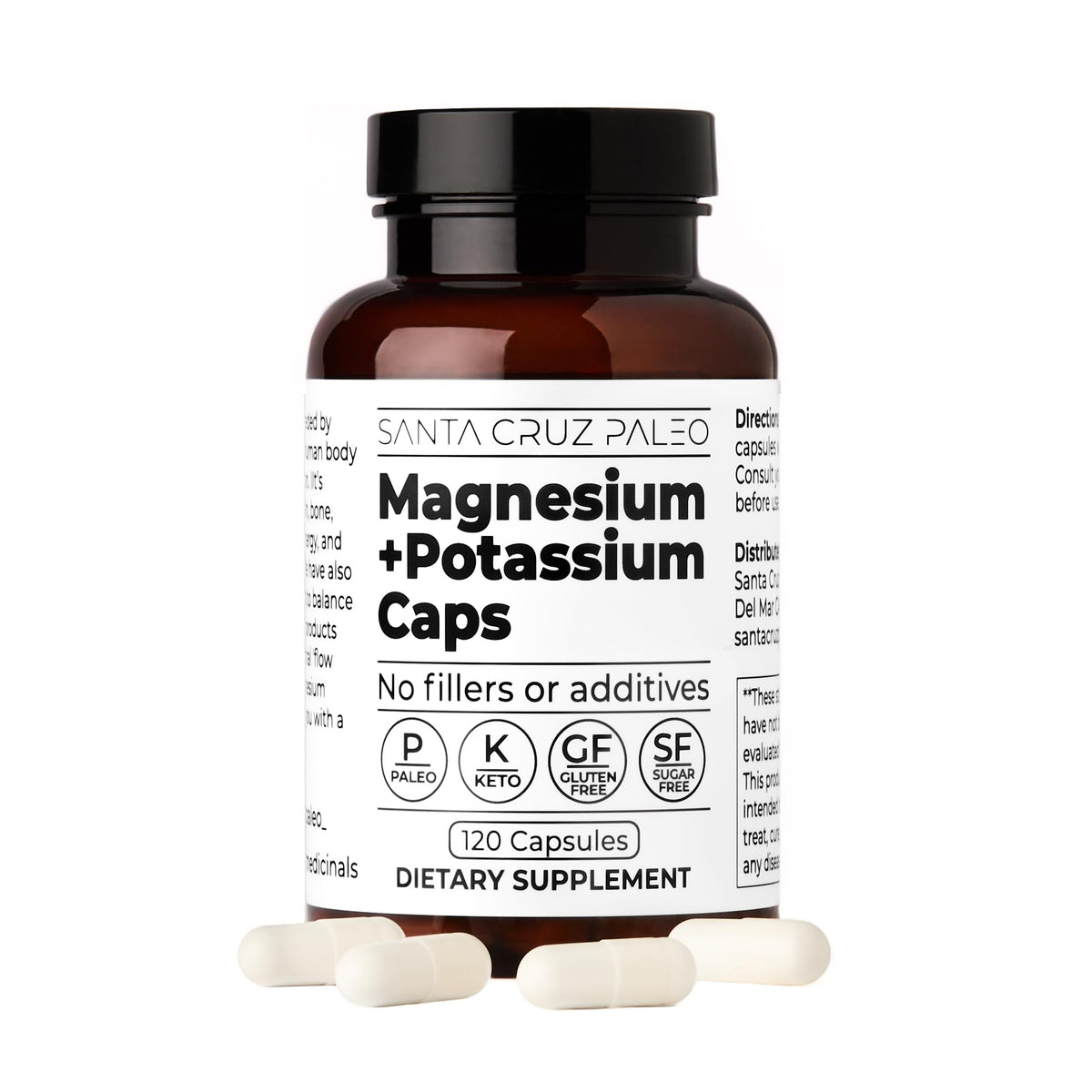 Santa Cruz Paleo Magnesium + Potassium Caps, Supplement for Men and Women, Paleo, Keto, Sugar & Gluten Free, Magnesium Glycinate 166mg and Potassium Citrate 38mg per Serving, American Made, 60 Caps