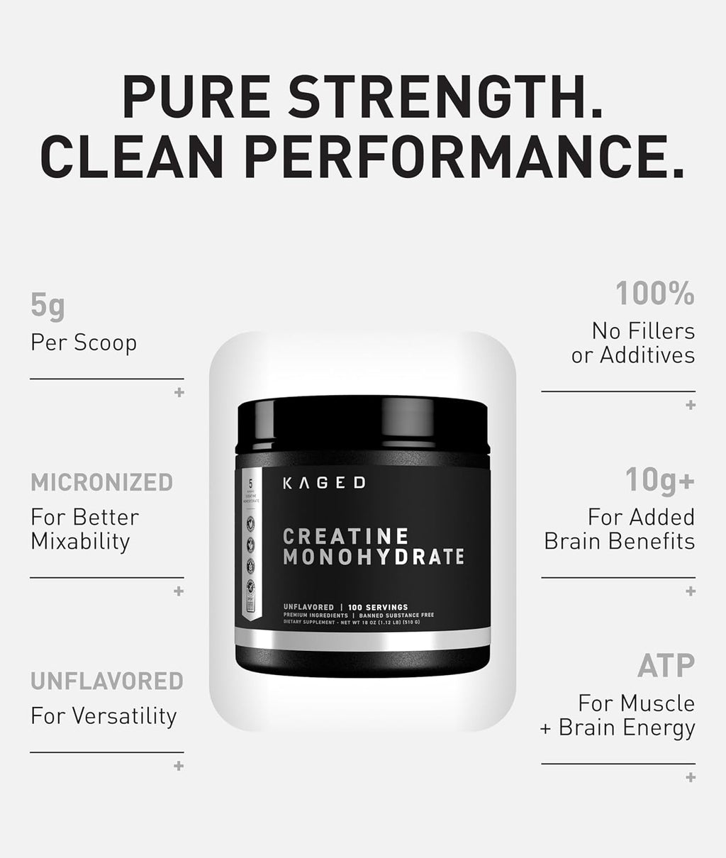 Kaged Creatine Monohydrate Micronized Powder | Unflavored | Muscle Building & Recovery | 5000 mg Per Serving | Vegan, Gluten Free, Easily Digestible | Supplements for Men & Women | 100 Servings
