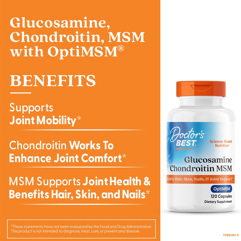 Doctor's BEST Glucosamine Chondroitin MSM - Joint Health Support Supplement for Women & Men, Nutritional Support for Joint Strength, Hair, Skin, & Nails, Gluten Free, Non GMO - 240 Capsules