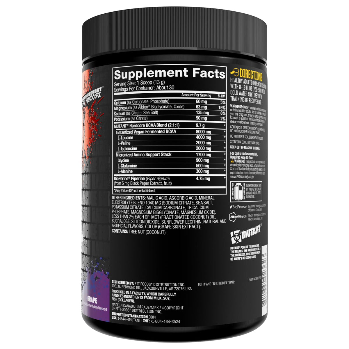 Mutant Hardcore BCAA - Pre, Intra or Post Workout – BCAA Next Level branched-Chain Amino Acids Supplement – Hydration + Recovery - 30 Serving - Blue Raspberry