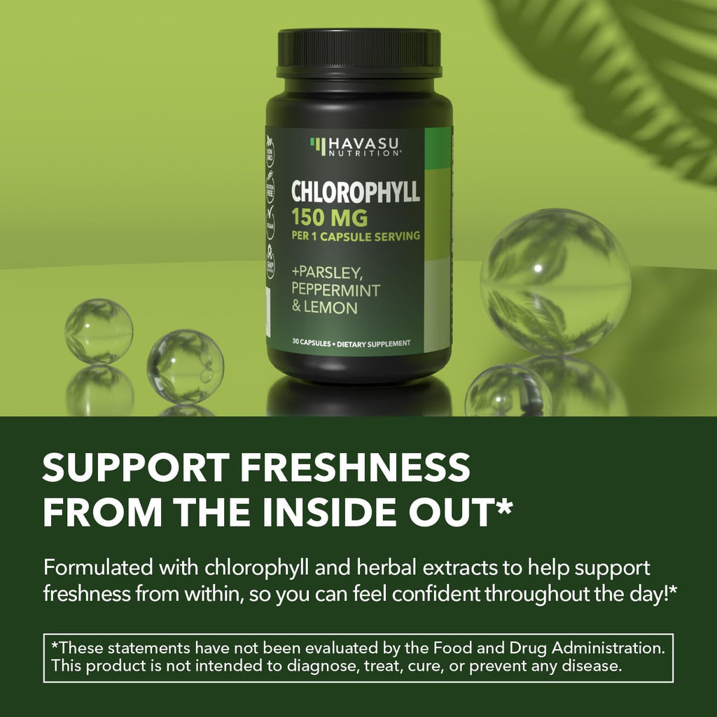 Chlorophyll Pills for Internal Cleanse & Balance, 30 Count, Internal Detox | Skin Health and Body Deodorizing Supplement with Parsley Peppermint & Lemon Extract, Vegan Non-GMO Chlorophyll Capsules