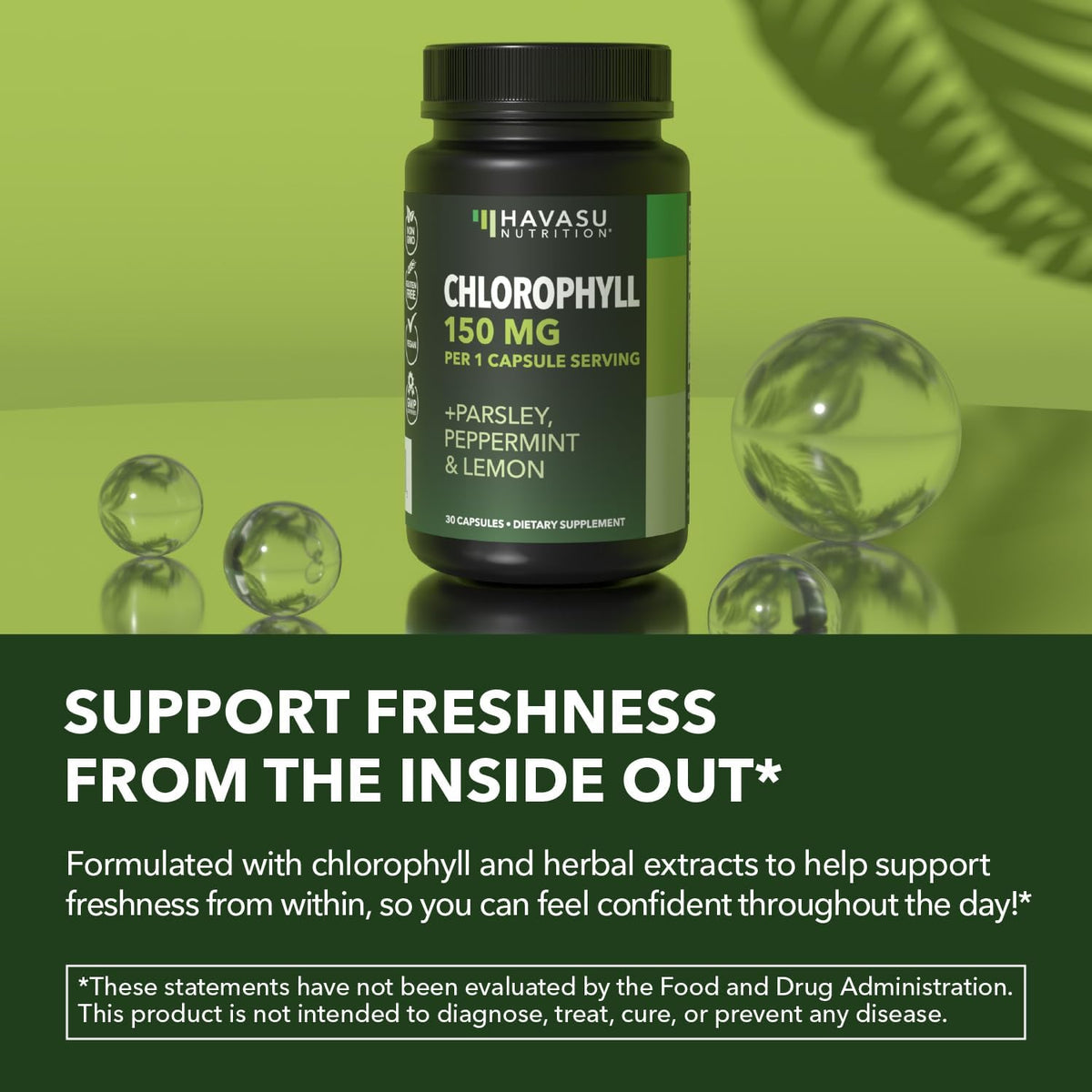 Chlorophyll Pills for Internal Cleanse & Balance, 30 Count, Internal Detox | Skin Health and Body Deodorizing Supplement with Parsley Peppermint & Lemon Extract, Vegan Non-GMO Chlorophyll Capsules